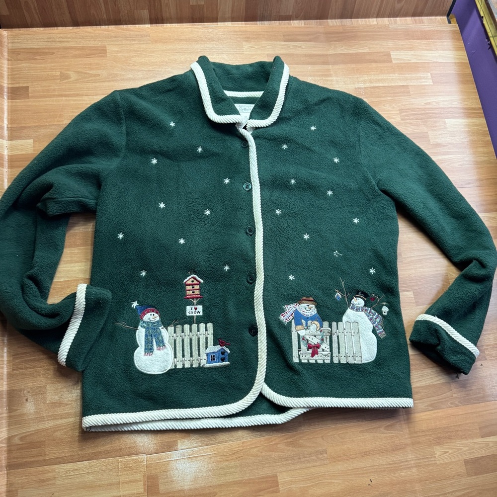 Christmas cardigan sweater snow man green vintage button down vintage med